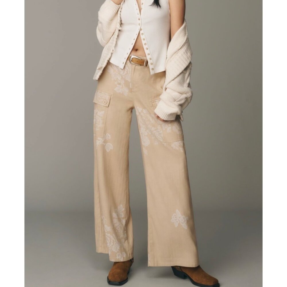 Anthropologie Floral Printed Wide-Leg Pants Beige Size 12